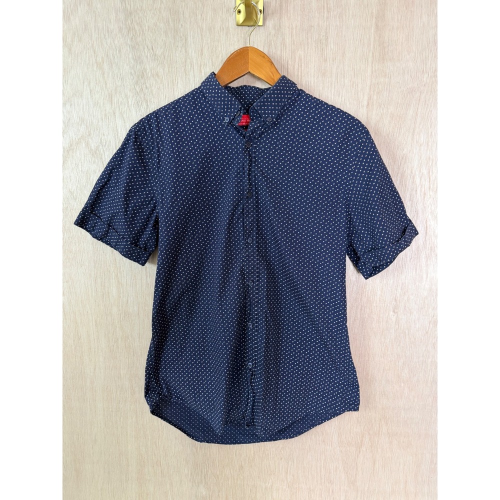 Zara Man Slim Fit Short Sleeve Button Down Shirt Navy Blue Geometric Micro Dot M
